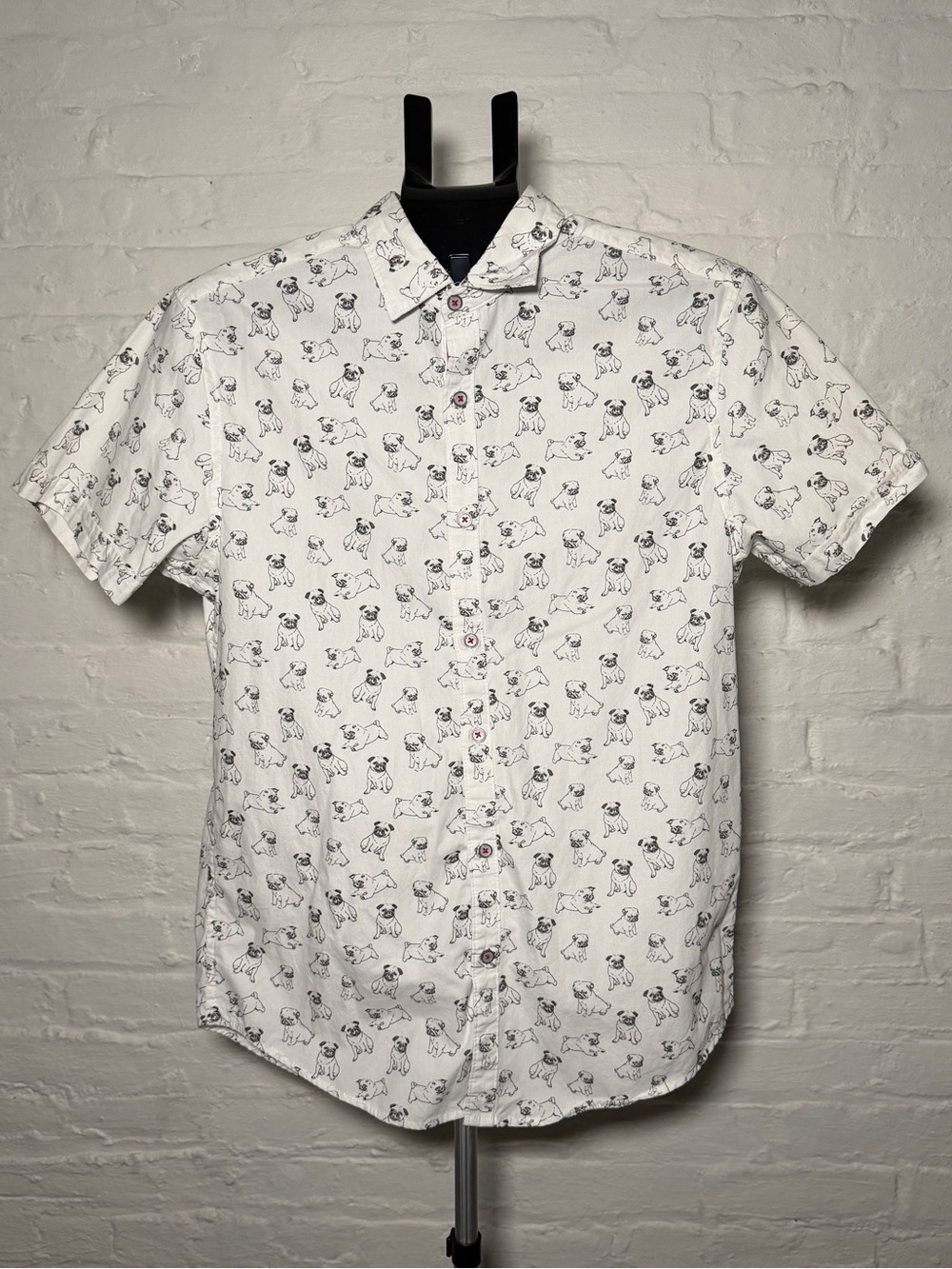 Denim & Flower White Short-Sleeve Button-down Shirt with Pug Dog Print Slim Fit